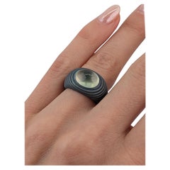 Green Prehnite Cabochon Ring in Grey Titanium Sculptural Contemporary Design