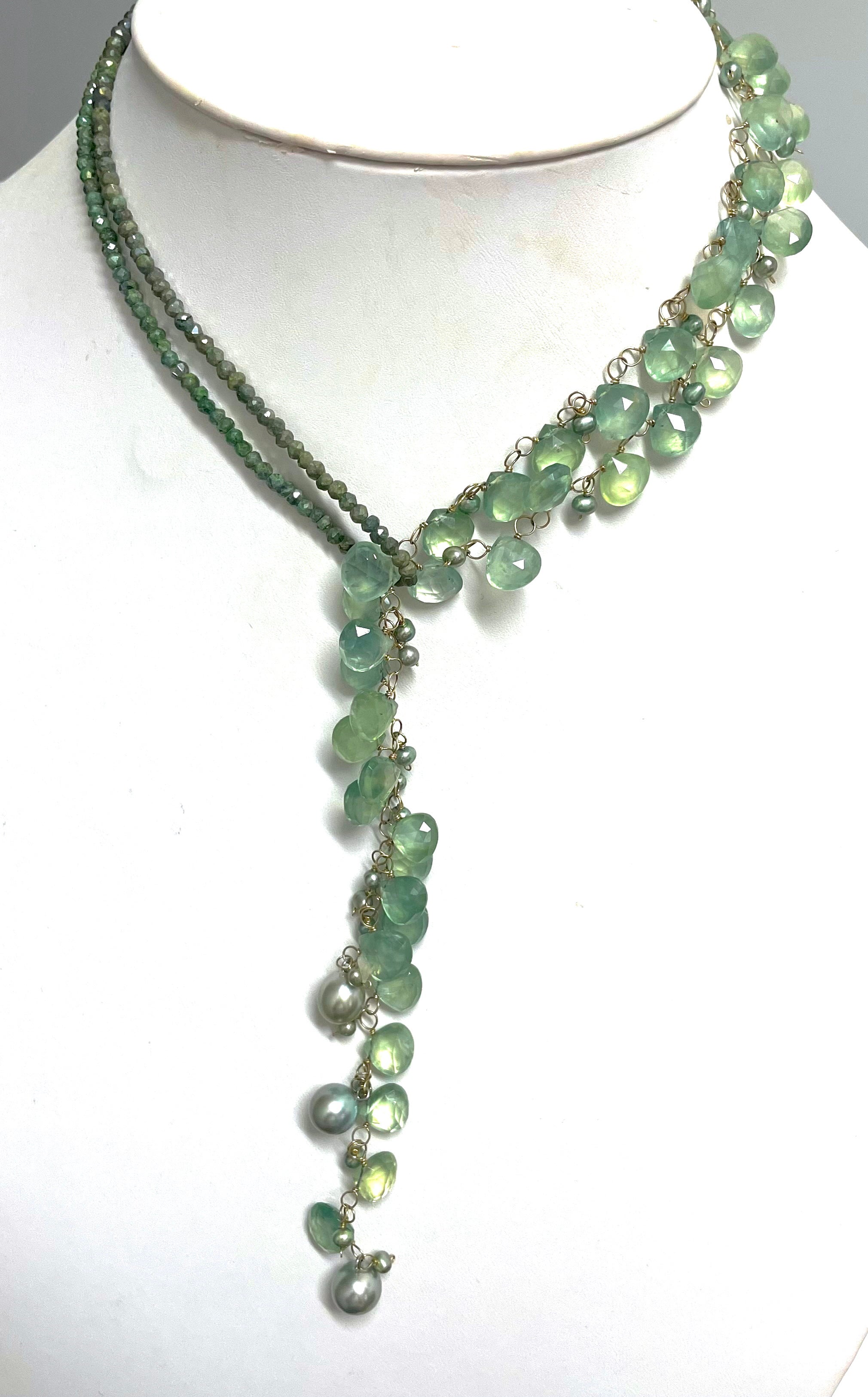 Green Prehnite with Silverite and Tahitian Pearls Paradizia Lariat Necklace For Sale 5