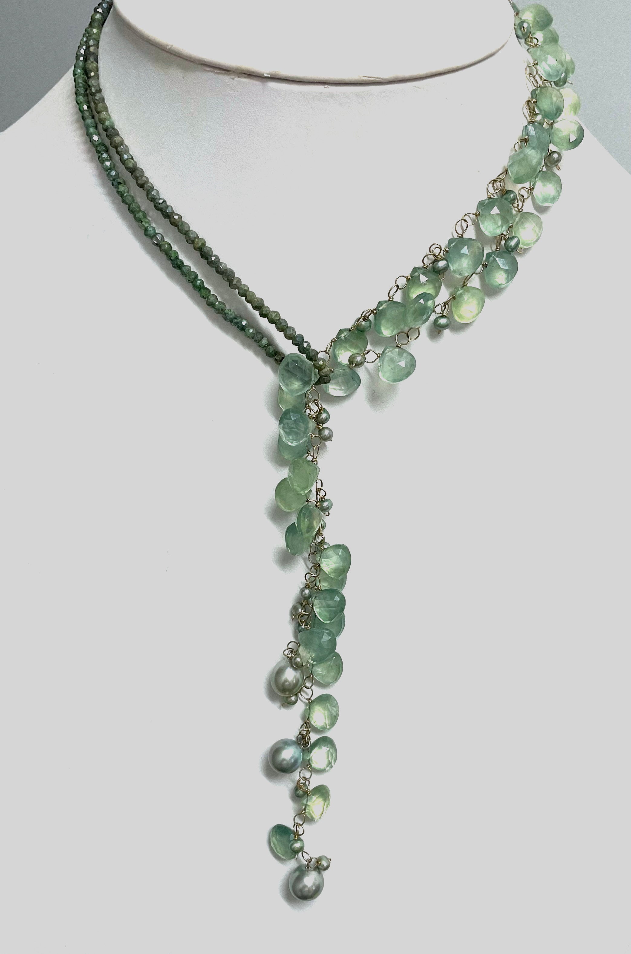 Green Prehnite with Silverite and Tahitian Pearls Paradizia Lariat Necklace For Sale 6