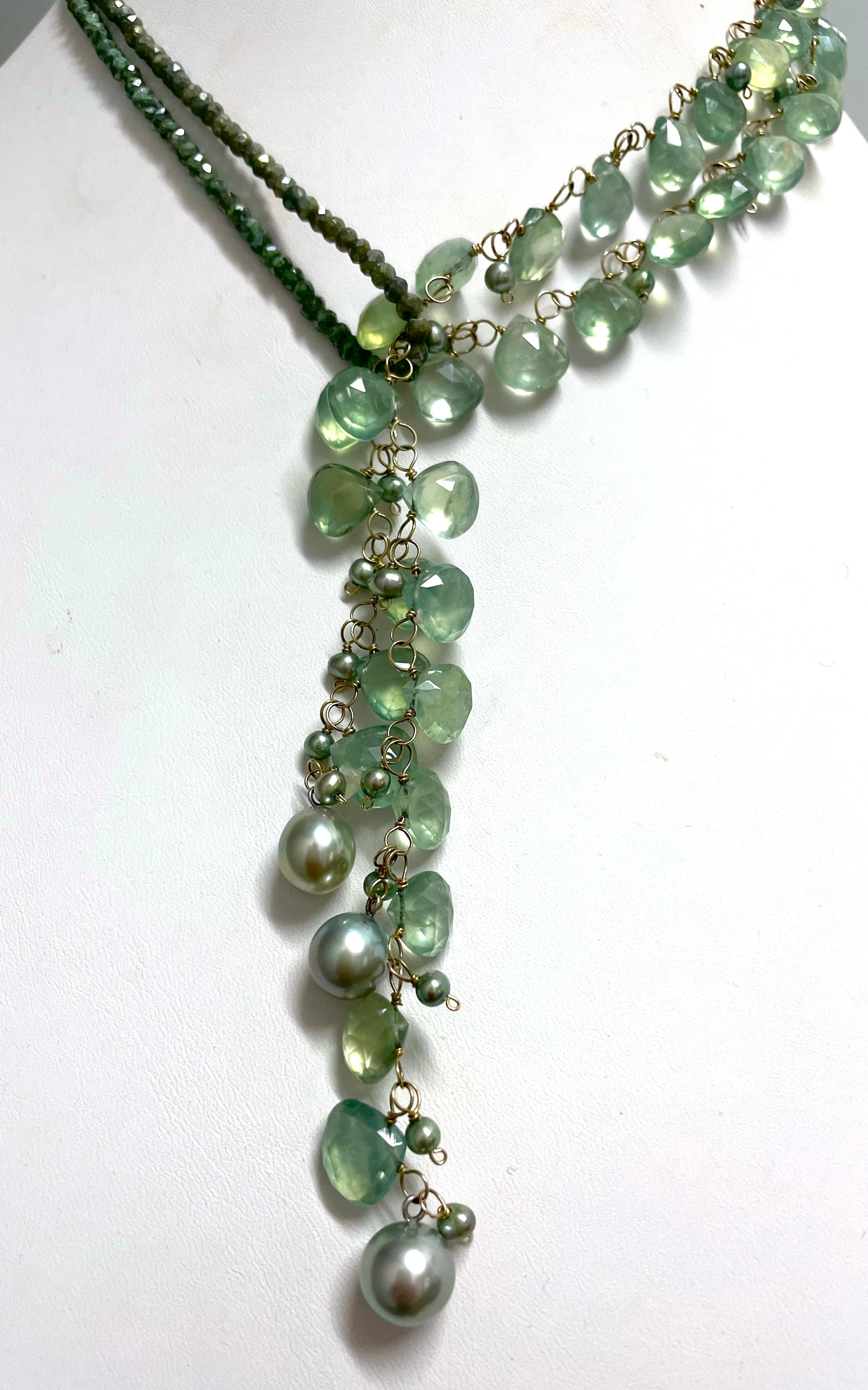 Green Prehnite with Silverite and Tahitian Pearls Paradizia Lariat Necklace For Sale 7