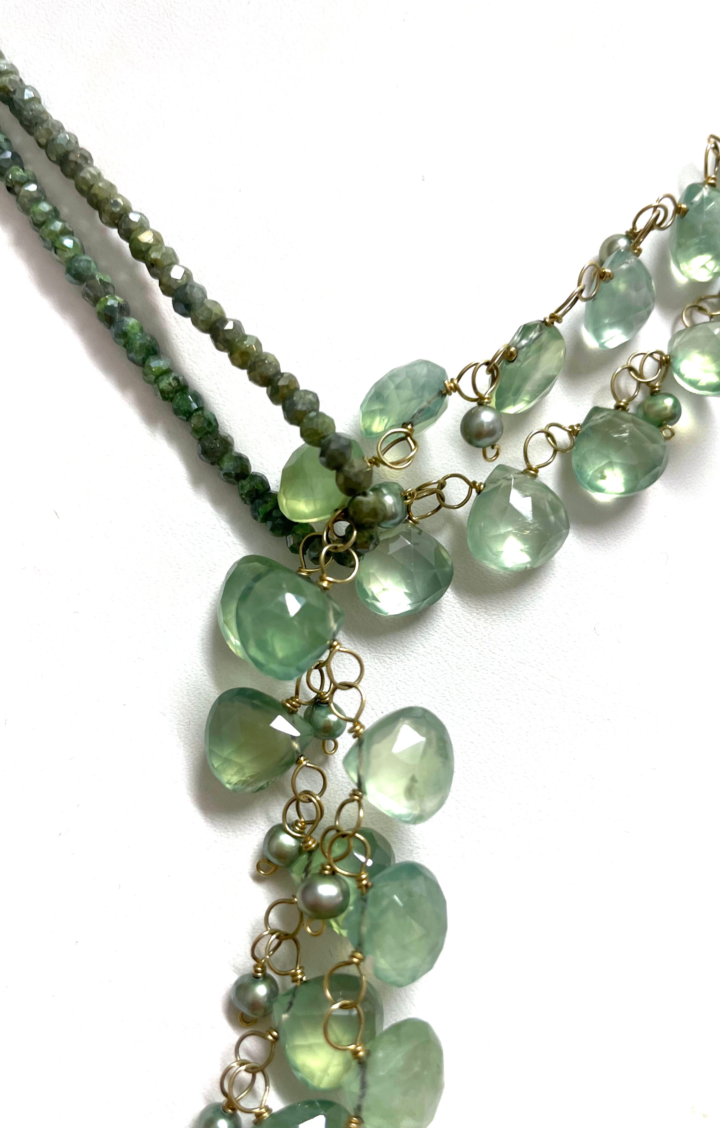 Description
The dramatic beauty of this unique and striking lariat lies in the uncommon combination of delicately hand wire-wrapped soft mint green Prehnite with flawless Tahitian pearls, and in the floating precious baby pearl accents giving grace