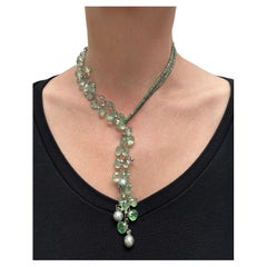 Green Prehnite with Silverite and Tahitian Pearls Paradizia Lariat Necklace