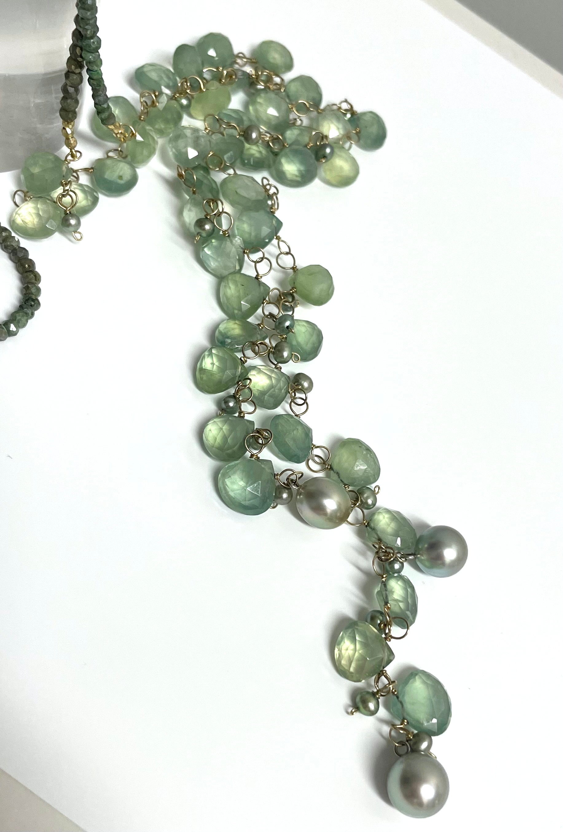 Artisan Green Prehnite with Silverite and Tahitian Pearls Paradizia Lariat Necklace For Sale