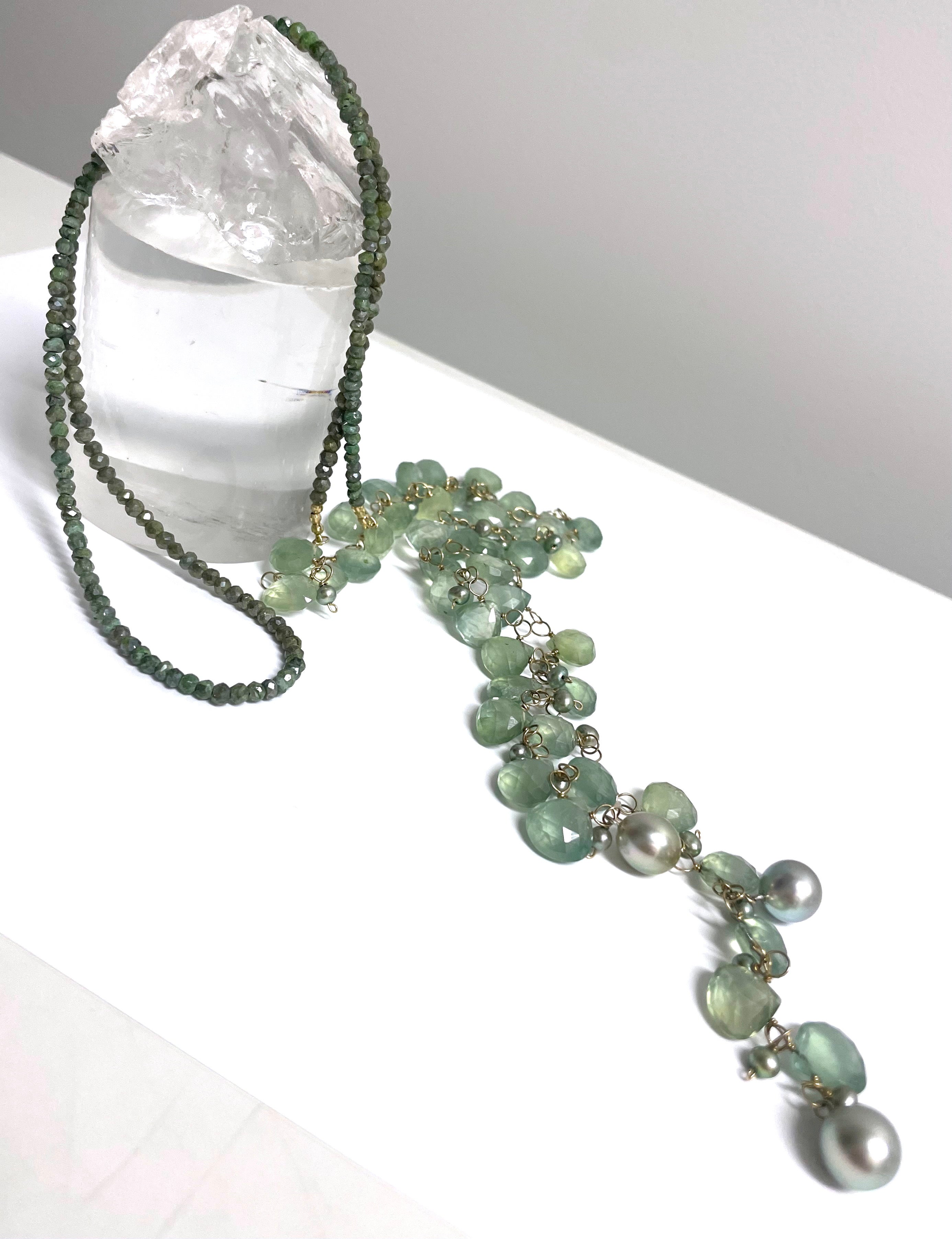 Green Prehnite with Silverite and Tahitian Pearls Paradizia Lariat Necklace In New Condition For Sale In Laguna Beach, CA