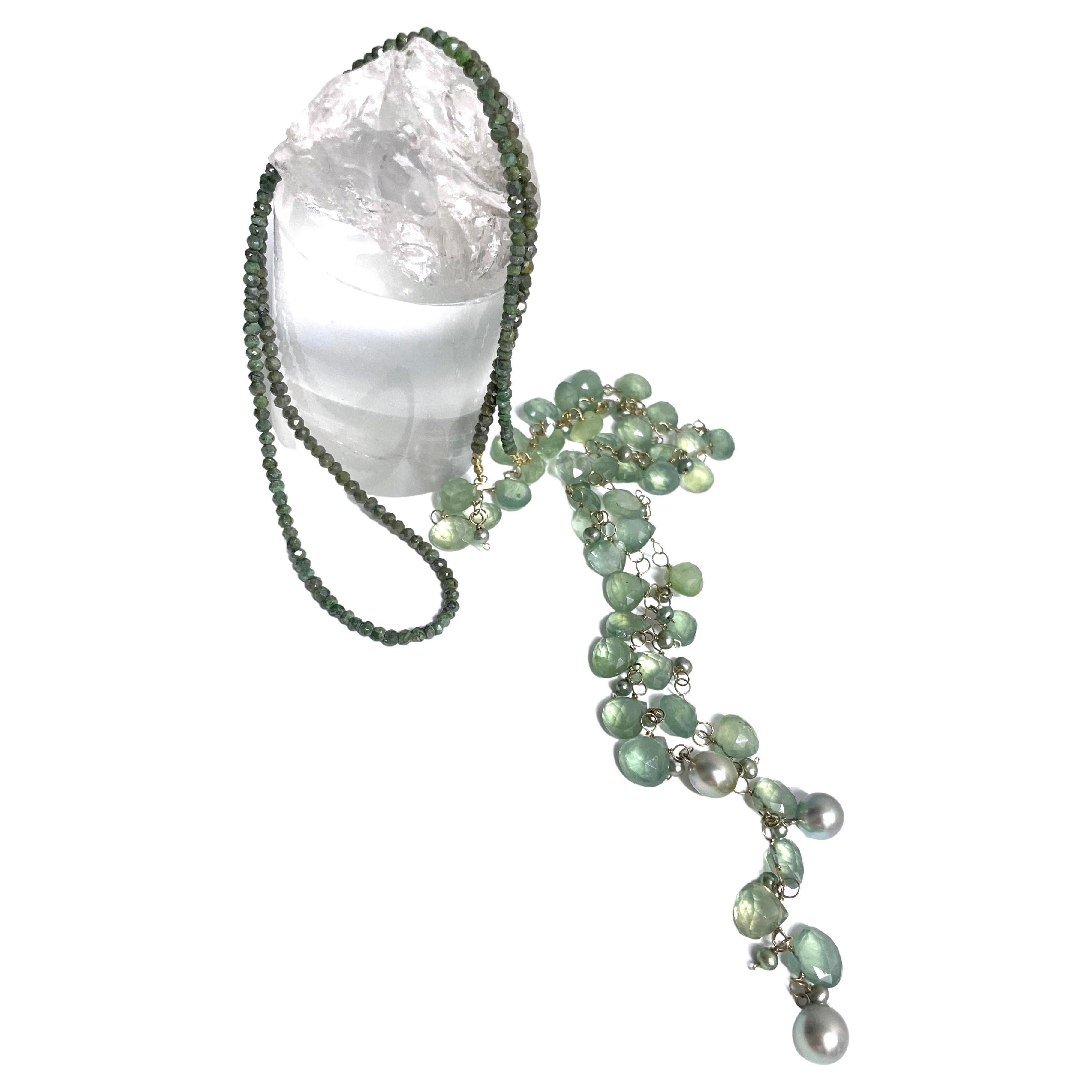 Women's Green Prehnite with Silverite and Tahitian Pearls Paradizia Lariat Necklace For Sale