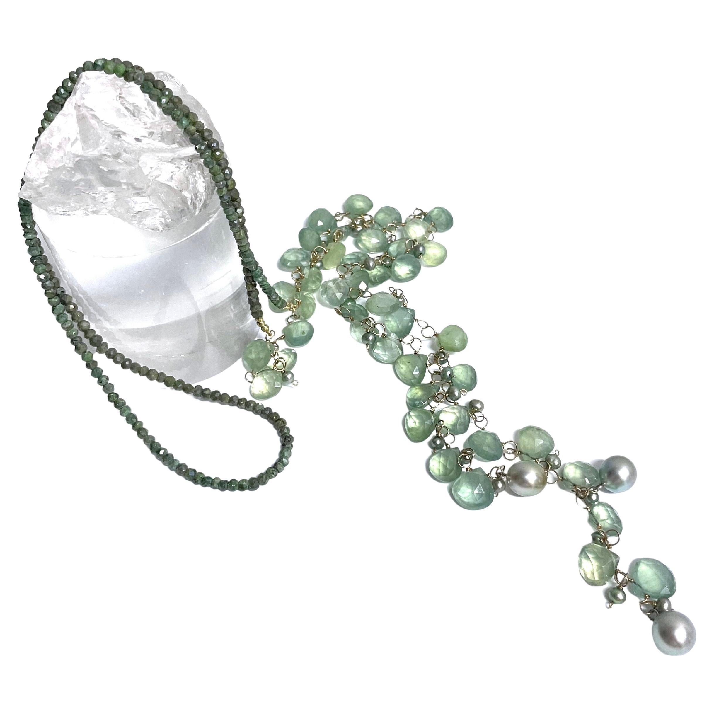 Green Prehnite with Silverite and Tahitian Pearls Paradizia Lariat Necklace For Sale 1