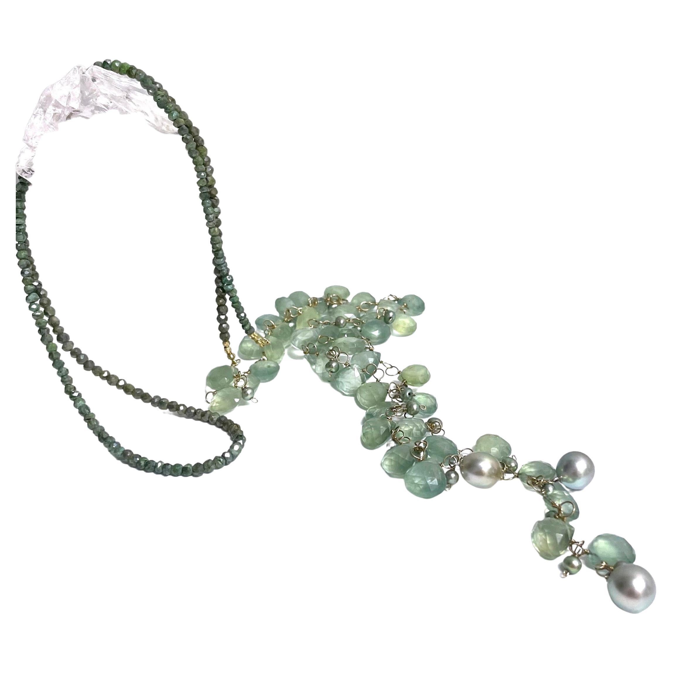 Green Prehnite with Silverite and Tahitian Pearls Paradizia Lariat Necklace For Sale 2