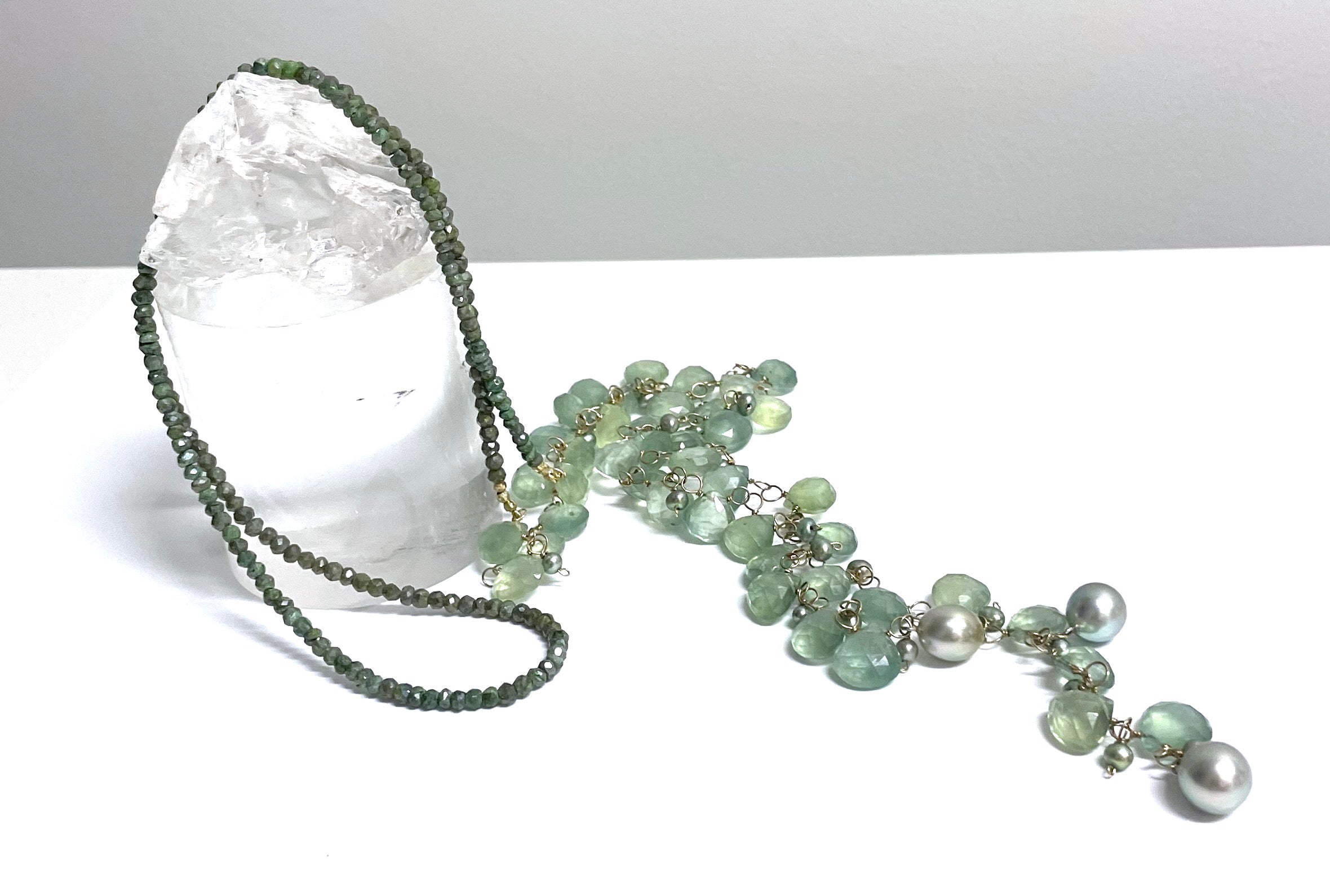 Green Prehnite with Silverite and Tahitian Pearls Paradizia Lariat Necklace For Sale 3