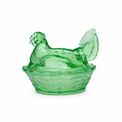 Green Pressed Glass Hen-on-Nest Candy Dish, Vintage Style Decor, USA