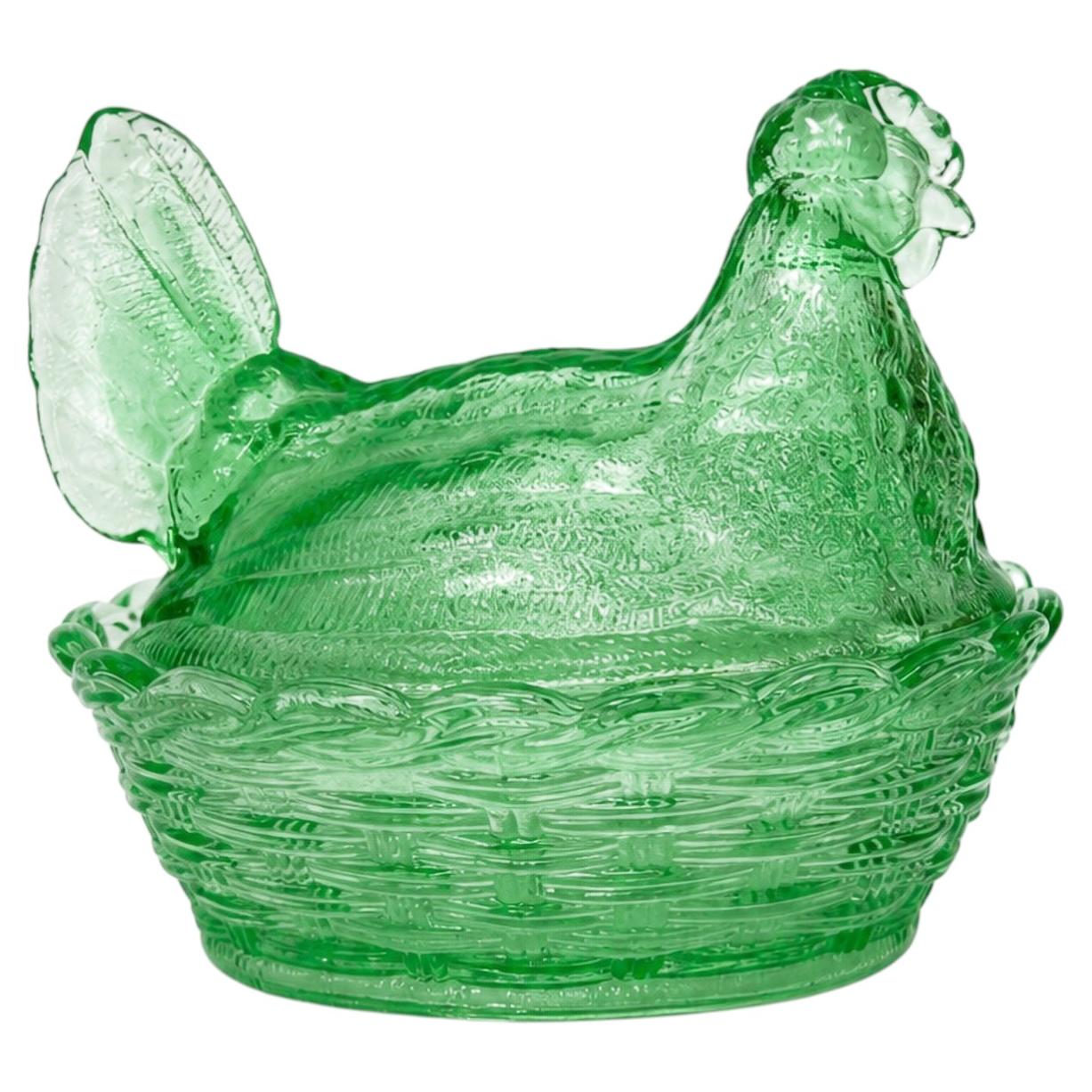 Green Pressed Glass Hen-on-Nest Candy Dish, Vintage Style Decor, USA