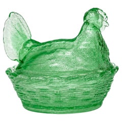 Green Pressed Glass Hen-on-Nest Candy Dish, Vintage Style Decor, USA