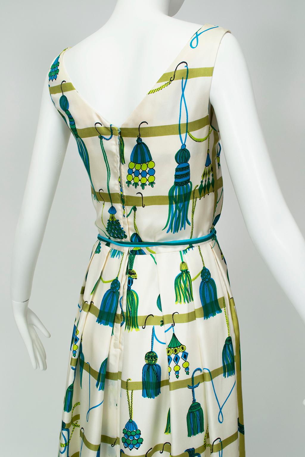 Beige Green Printed Silk Christmas Ornament Cocktail Dress with Tassel Belt - M, 1960s For Sale