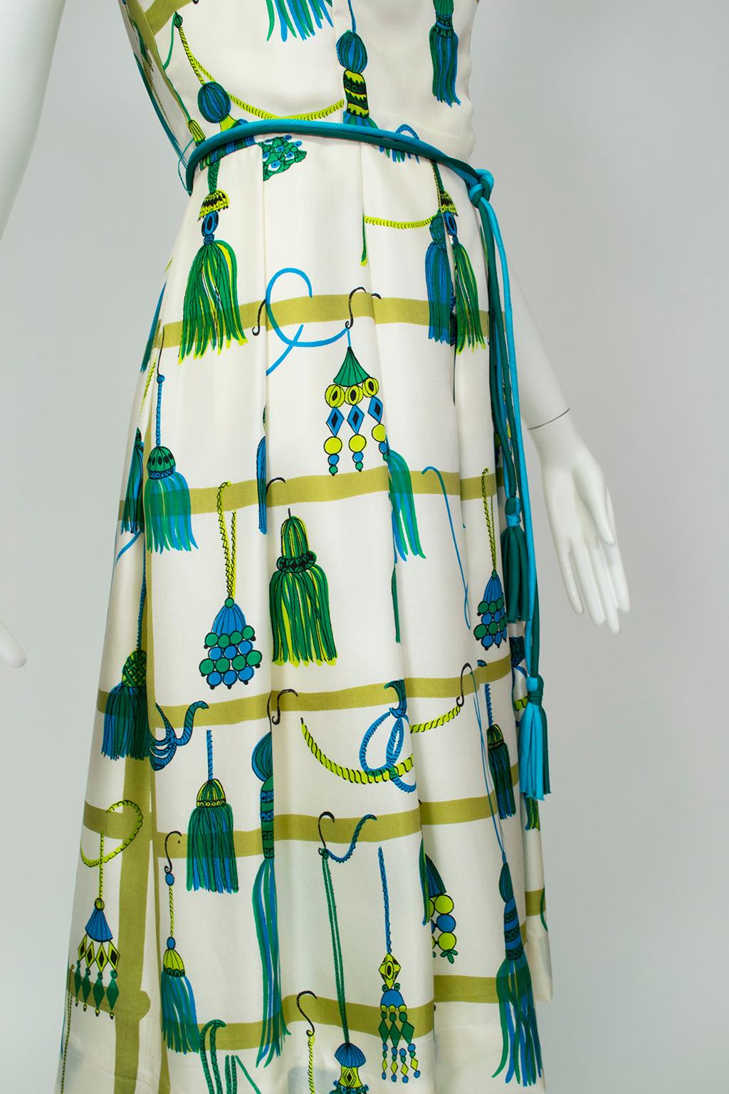 Women's Green Printed Silk Christmas Ornament Cocktail Dress with Tassel Belt - M, 1960s For Sale