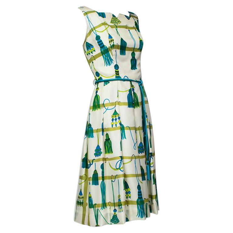 Green Printed Silk Christmas Ornament Cocktail Dress with Tassel Belt - M, 1960s For Sale