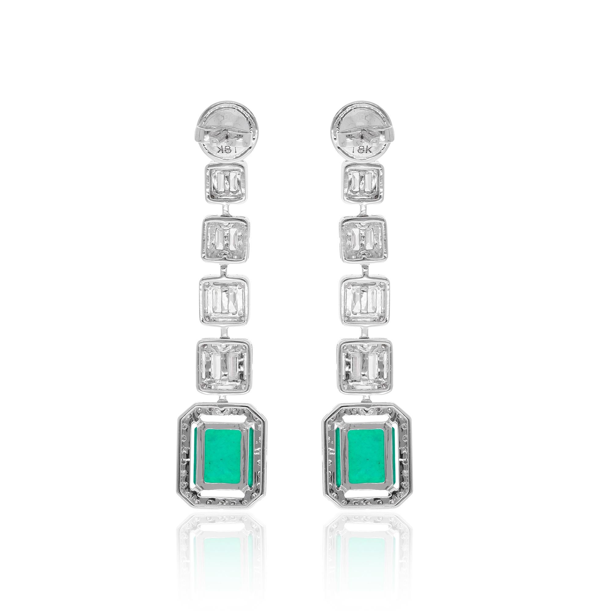 Women's Green Processed Gemstone Dangle Earrings Baguette Diamond 18 Kt White Gold For Sale