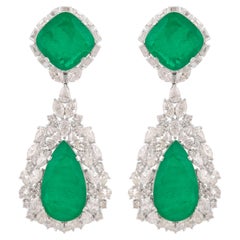 Pendientes Colgantes de Piedra Verde Procesada Diamante Joyería de Oro Blanco de 14 Kilates