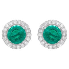 Green Processed Gemstone with Halo Diamond Stud Earrings 14K White Gold Jewelry