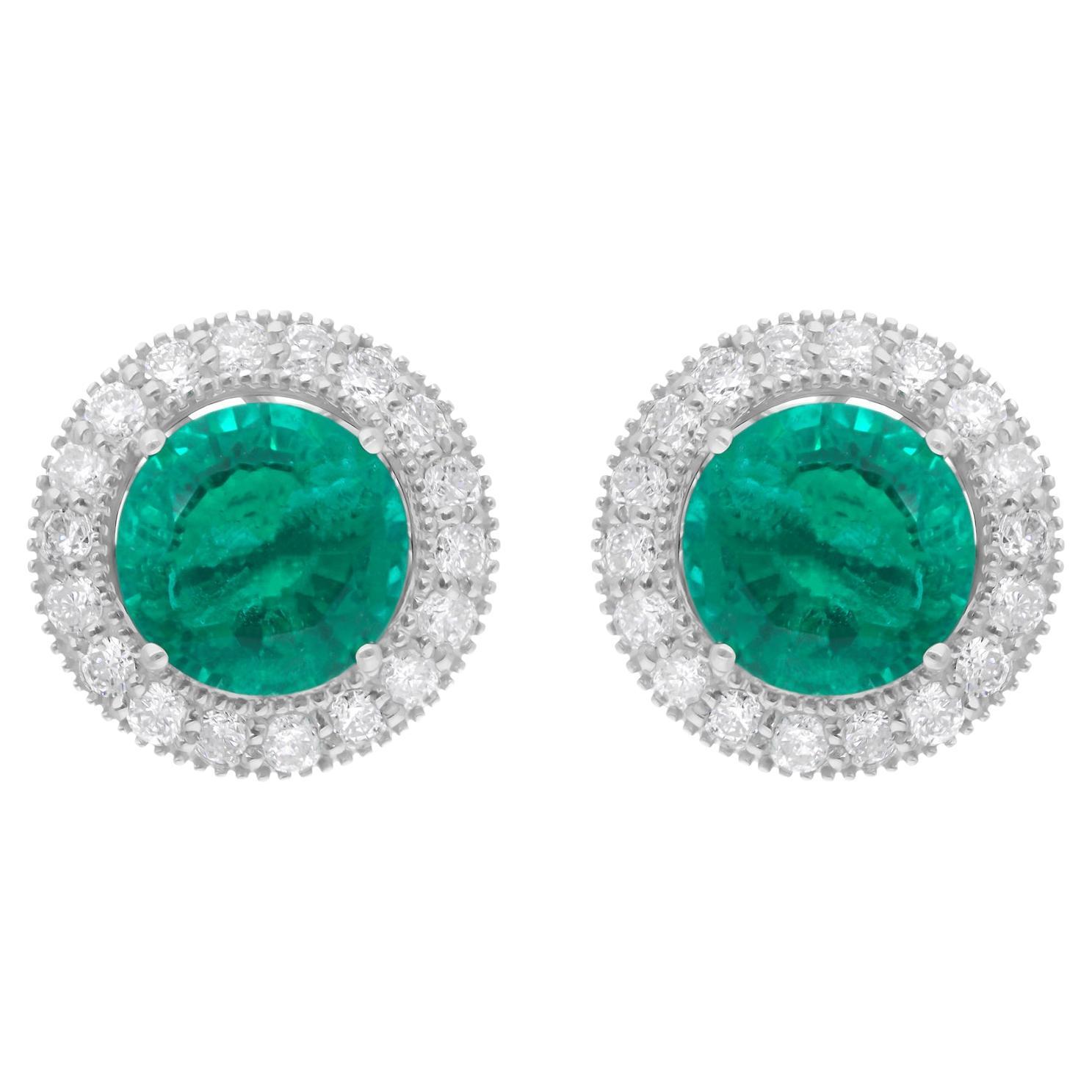 Green Processed Gemstone with Halo Diamond Stud Earrings 18K White Gold Jewelry