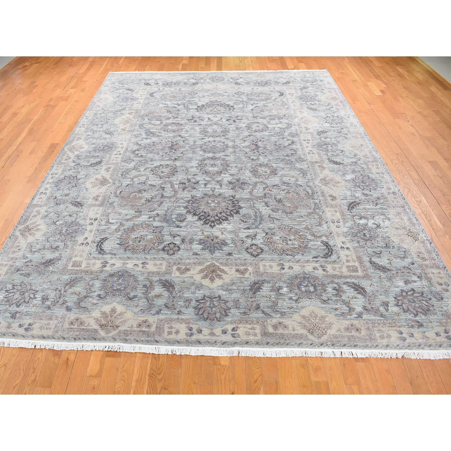 Grüne reine Seide mit strukturierter Wolle Mughal Design handgeknüpft Teppich 10'0