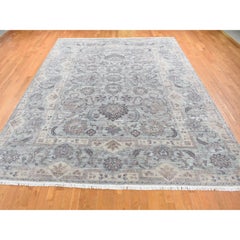 Green Pure Silk with Textured Wool Mughal Design Hand Knotted Rug 10'0" x 14'0"