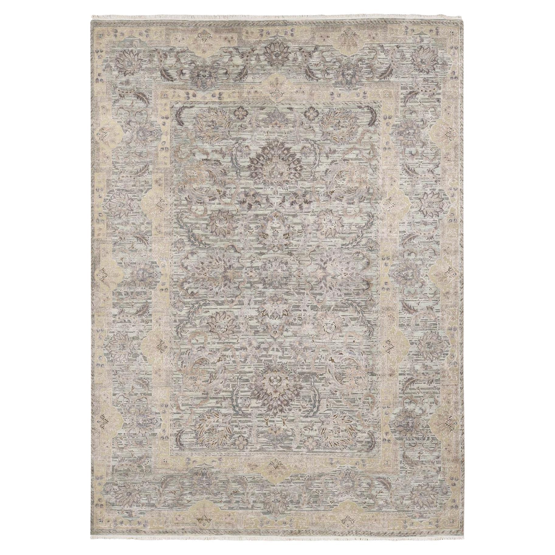 Green Pure Silk with Textured Wool Mughal Design Hand Knotted Rug 10'0" x 14'0"