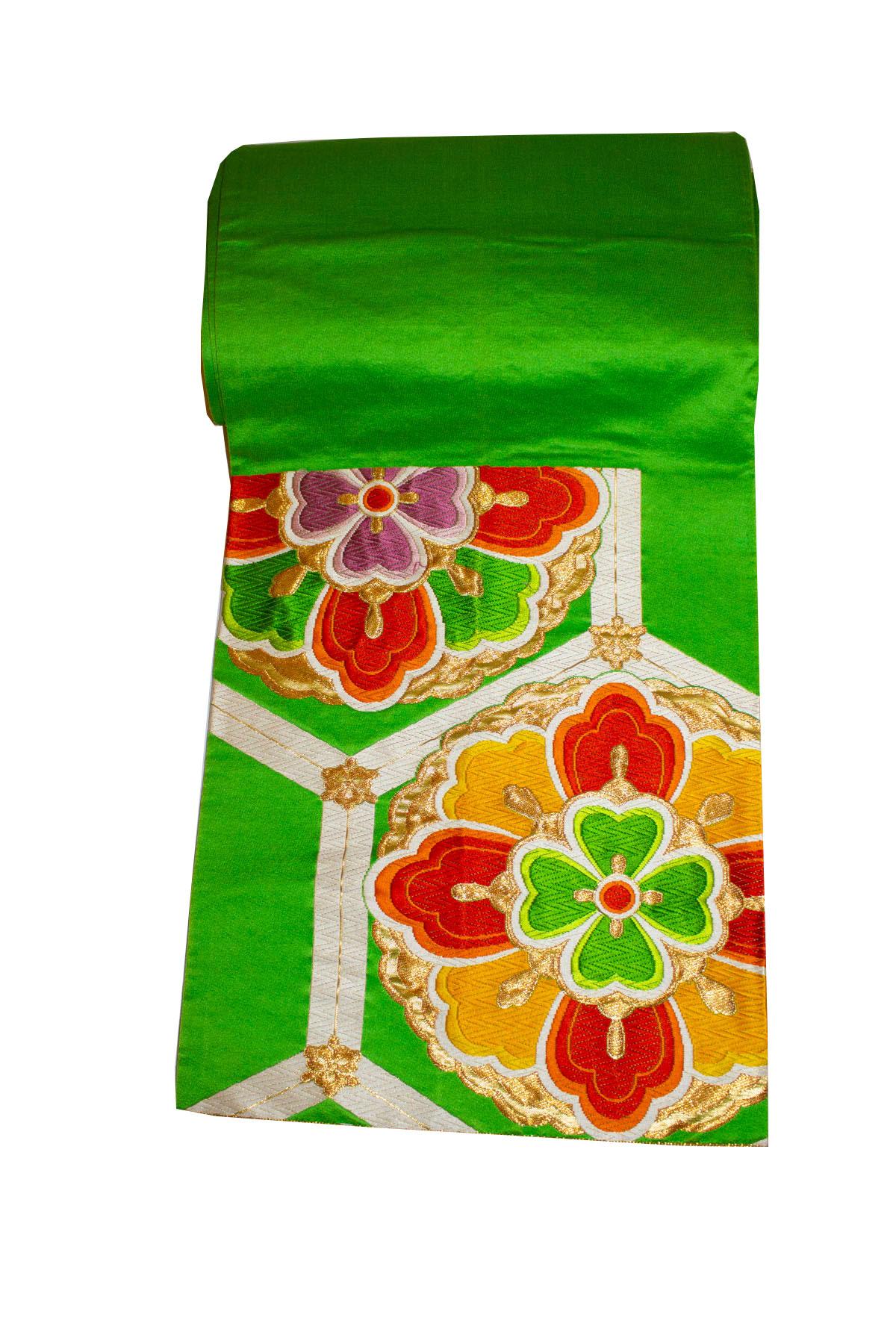Grüner, lila und orangefarbener Obi-Gürtel mit sechseckigem Design im Angebot 1