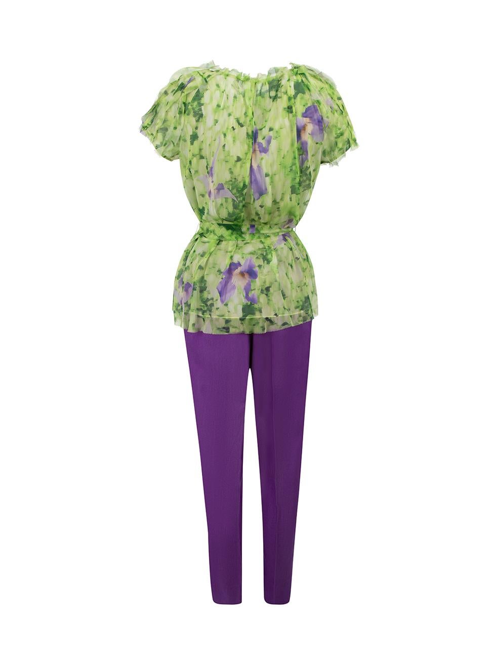 Green & Purple Silk Abstract Print Top & Trousers Set Size L In Good Condition In London, GB