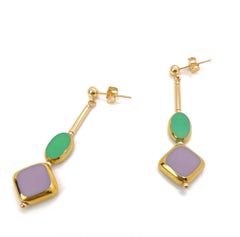 Orecchini in vetro tedesco vintage verde e viola con perline in oro 24 carati Art Deco