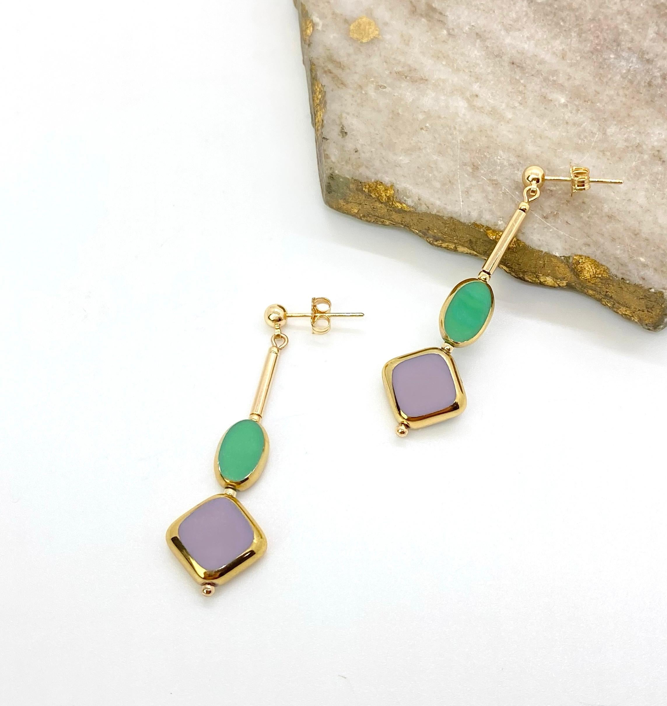 Retro Green & Purple Vintage German Glass Beads edged with 24K gold Art Deco Earrings For Sale