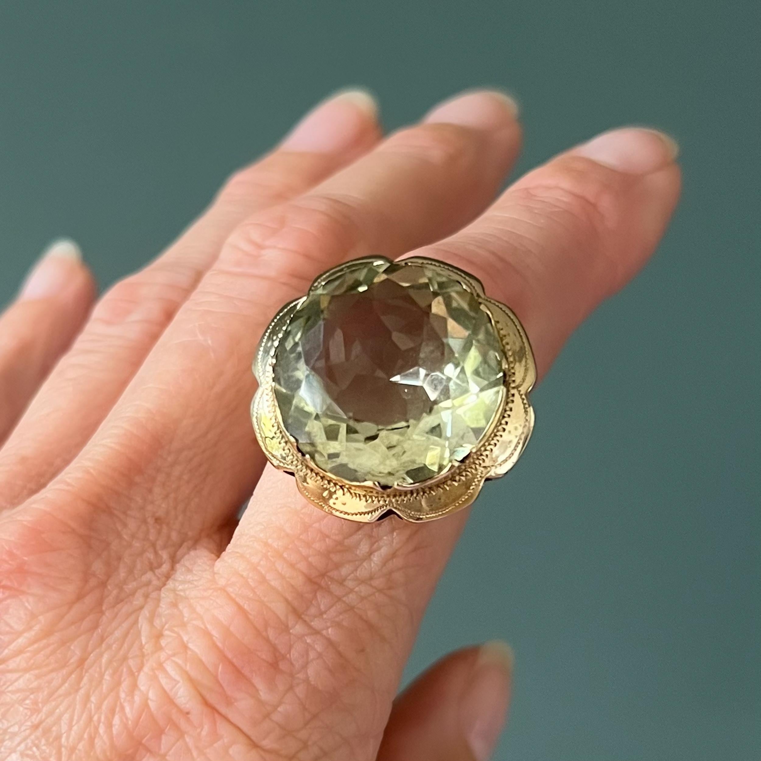 Round Cut Vintage Chunky Green Quartz and 14 Karat Gold Ring For Sale
