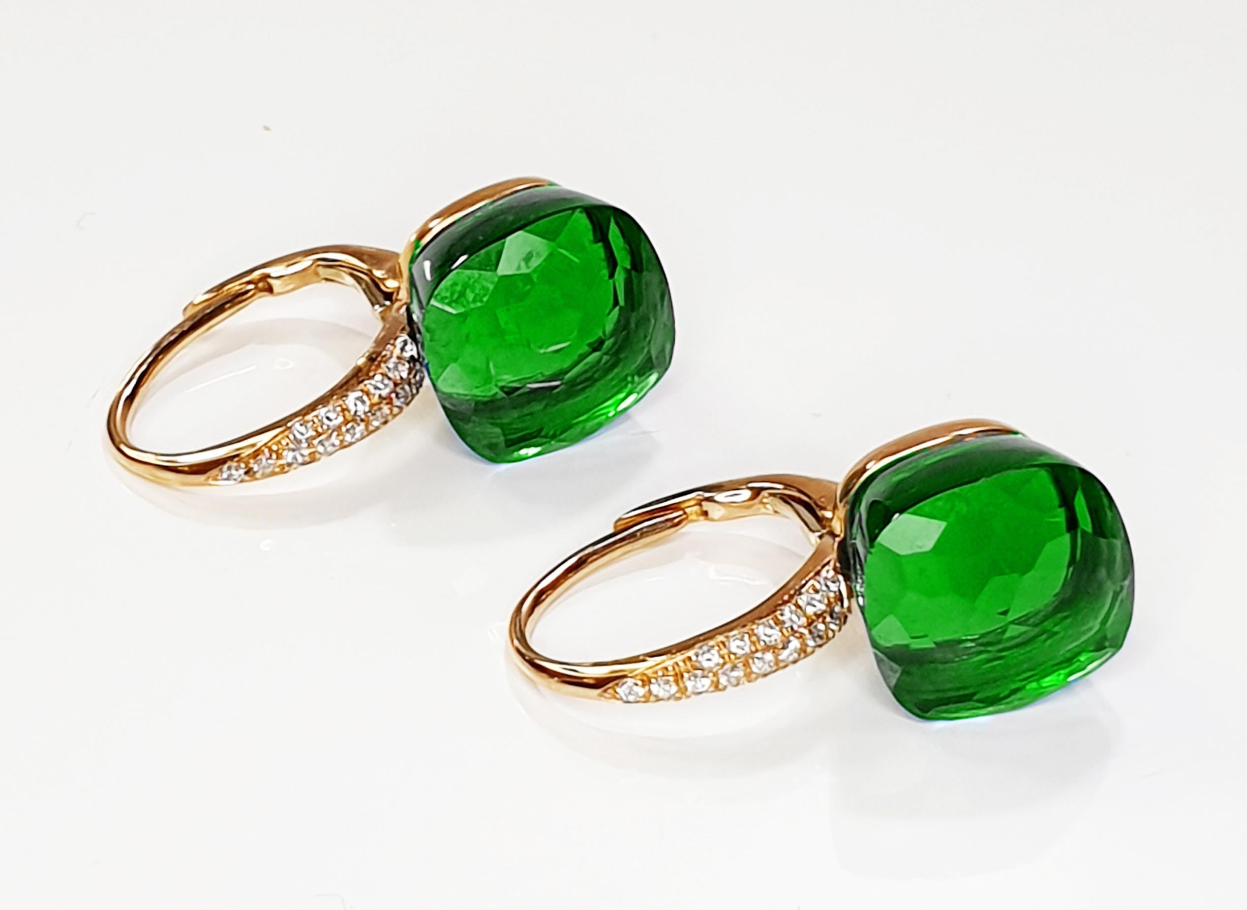 Green Grass Coloured Quartz Multifaceted 18 Karat Gold Dangle Earrings with pave of diamonds
Pair of earrings weight total gold 2.5gr pave of 56 diamonds total 0,21ct
Green Quartz are 4,00ct each and measure 9mm or 0.35 inches
 
Also available in
