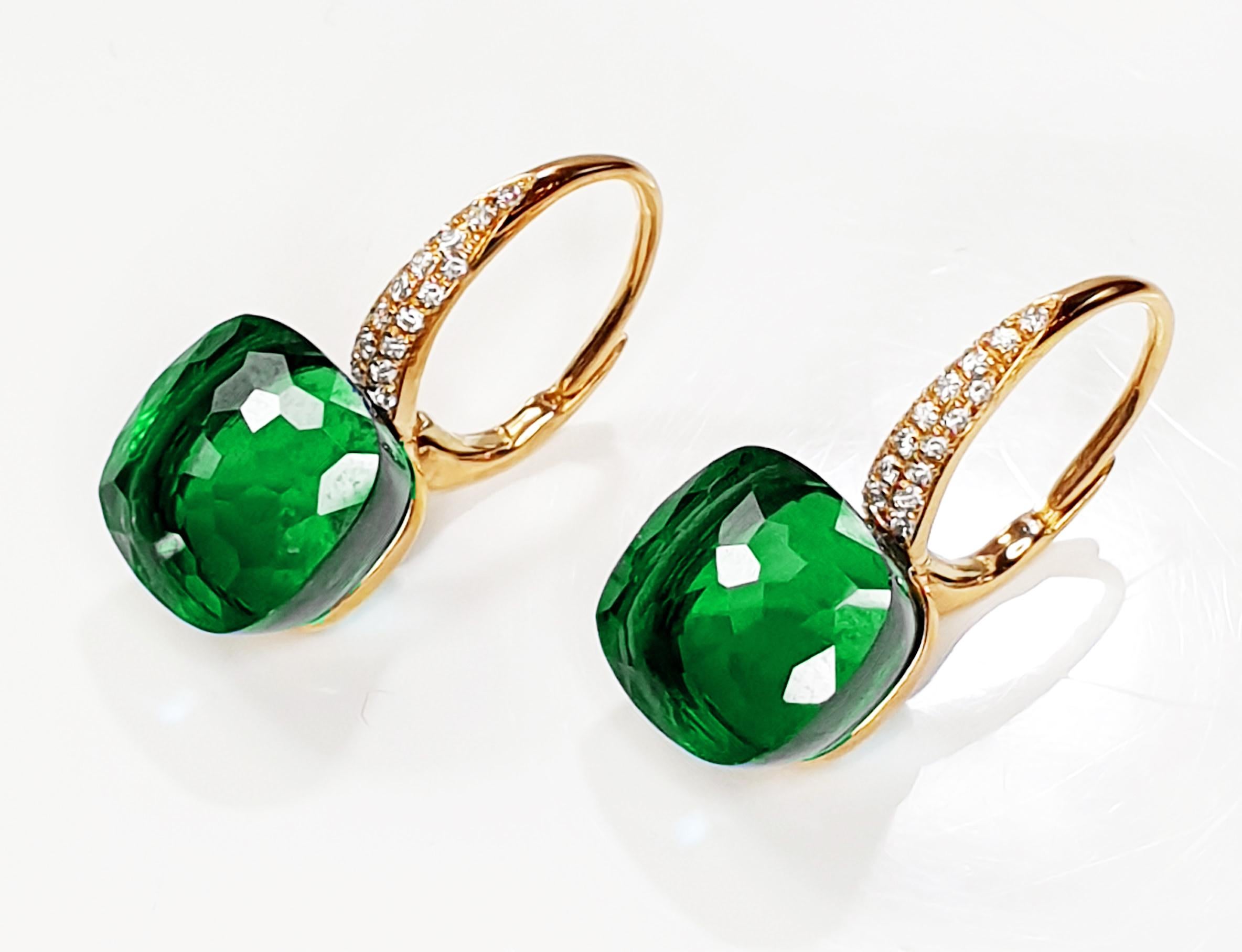 Contemporary Green Grass Quartz 18k Gold Dangle Earrings with Pave of Diamonds For Sale