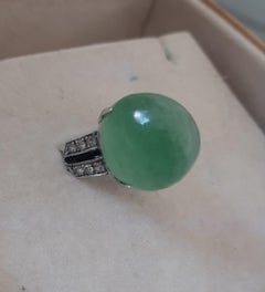 Green Quartz Art Deco Style Oval Cab 14k Solid Gold Diamonds Black Enamel Ring