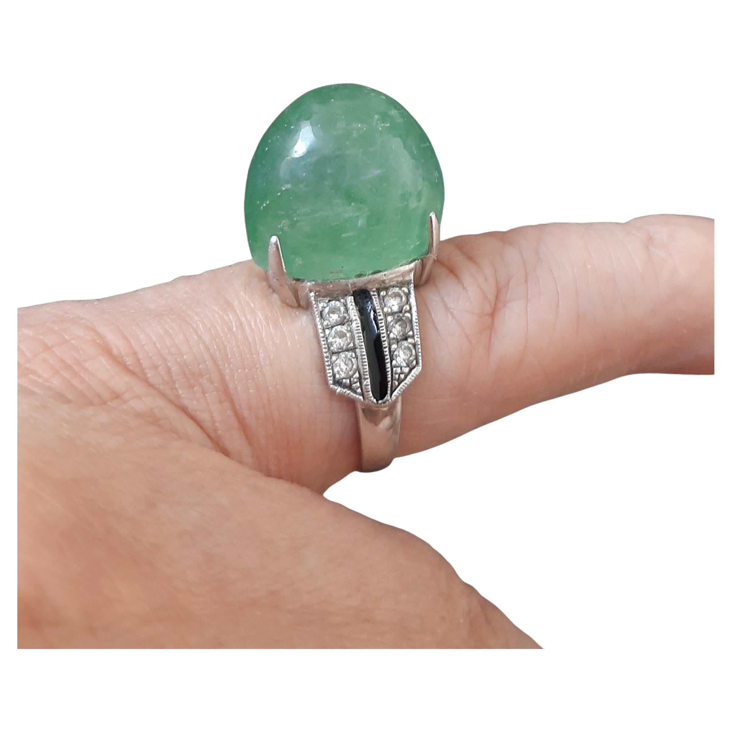 Bague en quartz vert de style Art Deco Cab ovale 14k or massif diamants émail noir en vente