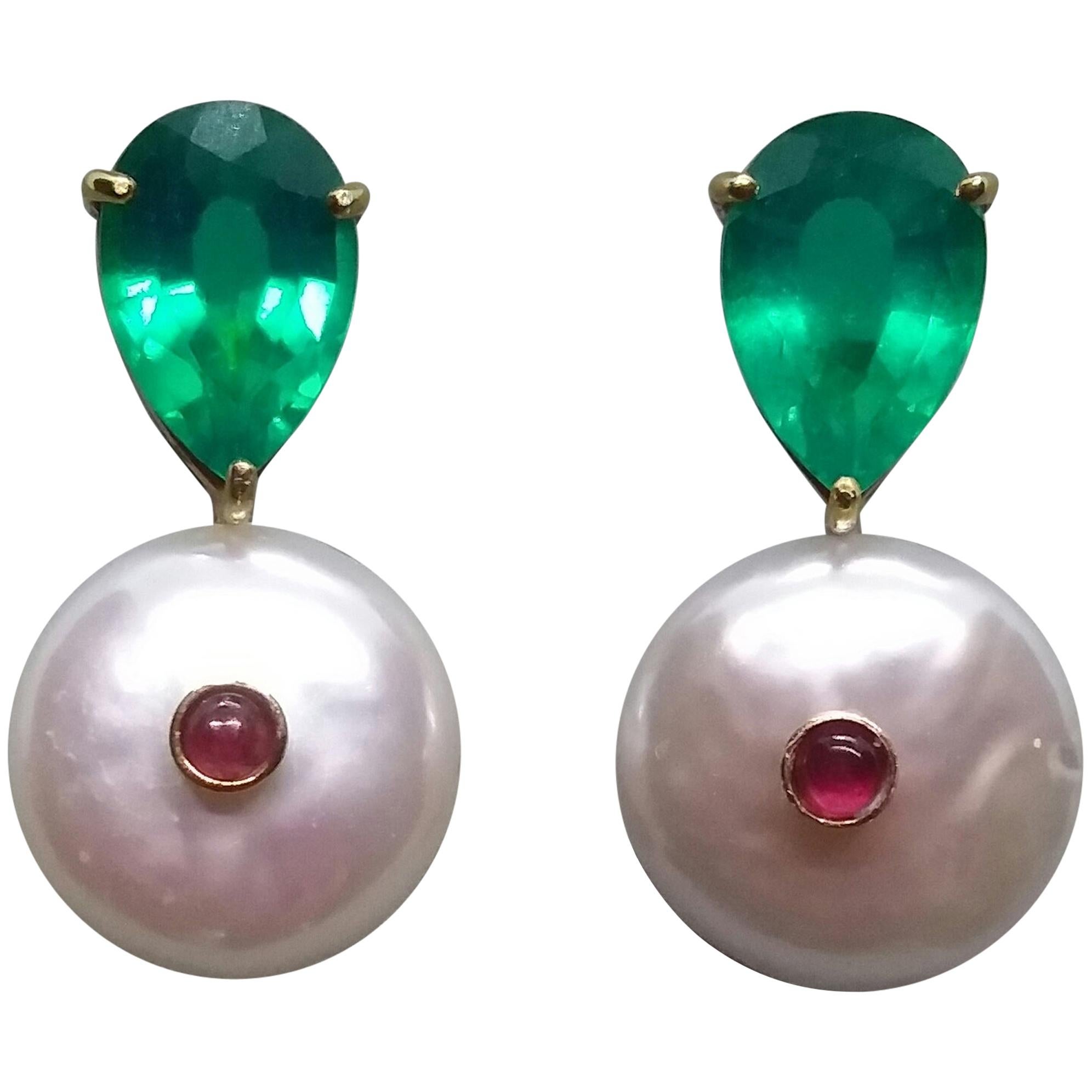 Green Quartz Baroque Fresh Water Pearls Ruby Cab 14 Karat Gold Stud Earrings