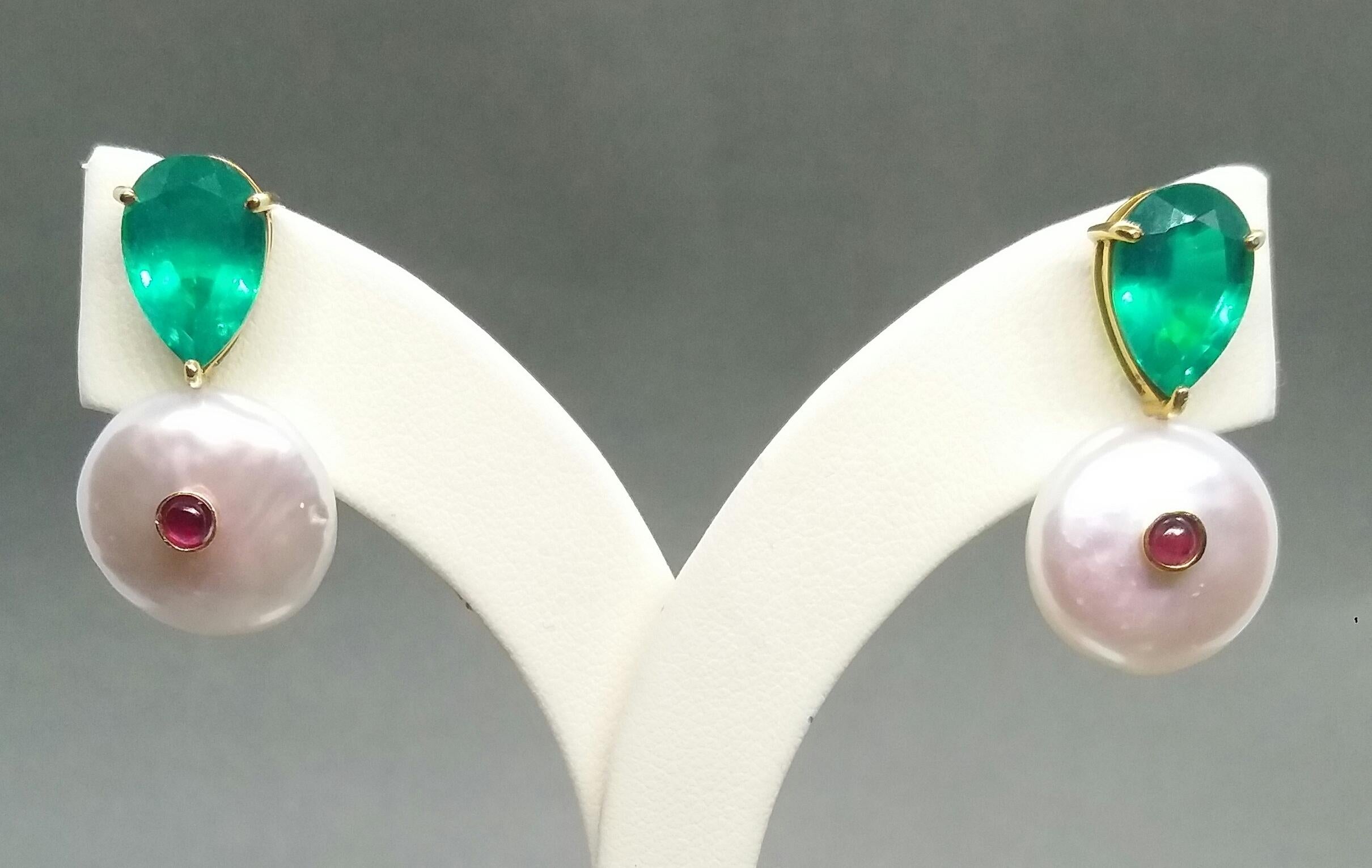 Women's Green Quartz Baroque Fresh Water Pearls Ruby Cab 14 Karat Gold Stud Earrings For Sale