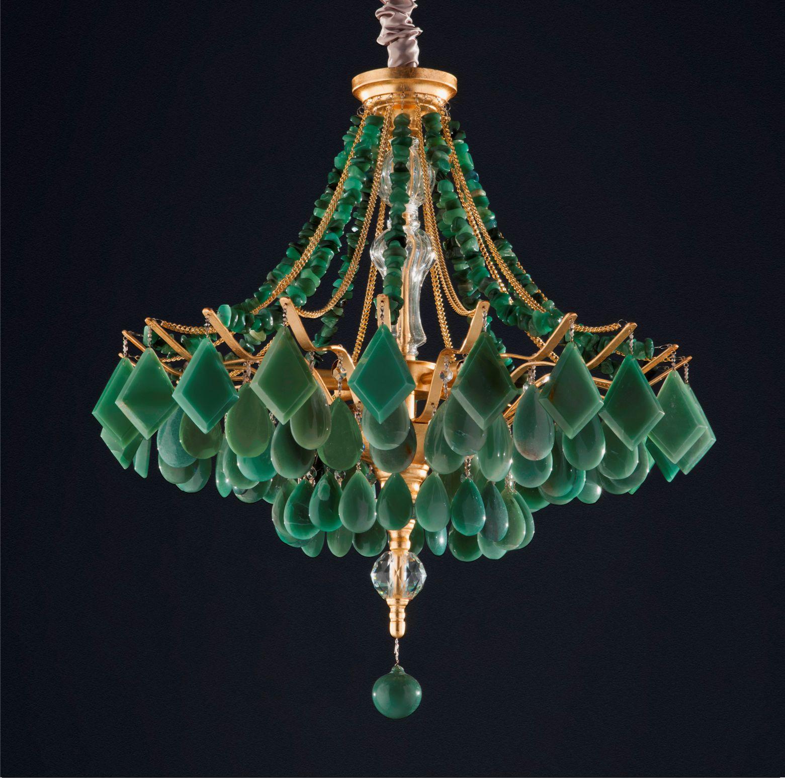 Green Quartz chandelier lamp by Aver
Dimensions: Diameter 68 x Height 75 cm 
Materials: Aluminum with gold leaf. Natural Quartz Crystals. 
Lighting: 06 x E14
Available in finishes: Silver veneer, aged silver veneer, gold veneer, aged gold veneer,