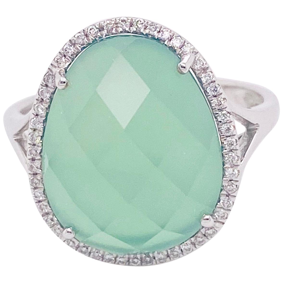 Green Quartz Diamond Ring, 14 Karat White Gold, Green Quartz, Bombe