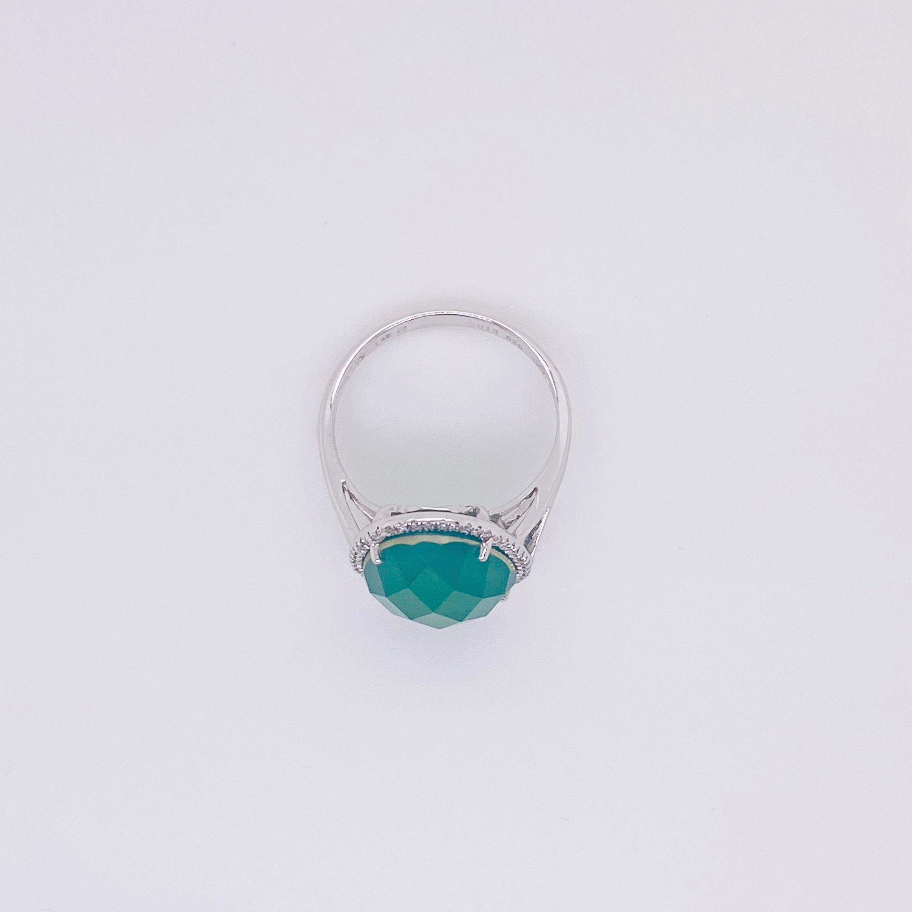 Modern Green Quartz Diamond Ring, 14 Karat White Gold, Green Quartz, Bombe