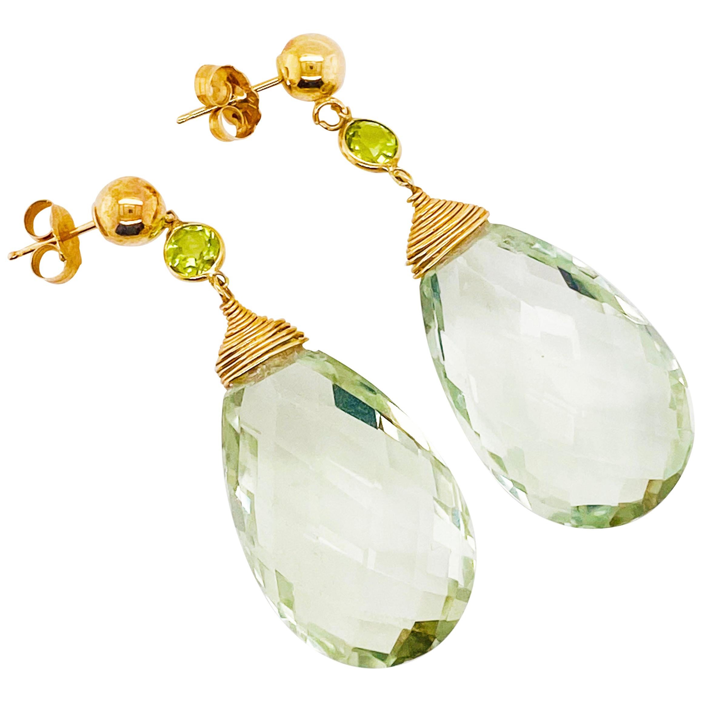 Green Quartz Earrings with Accent Peridot Gemstone Dangle Earrings 14 Karat Gold For Sale