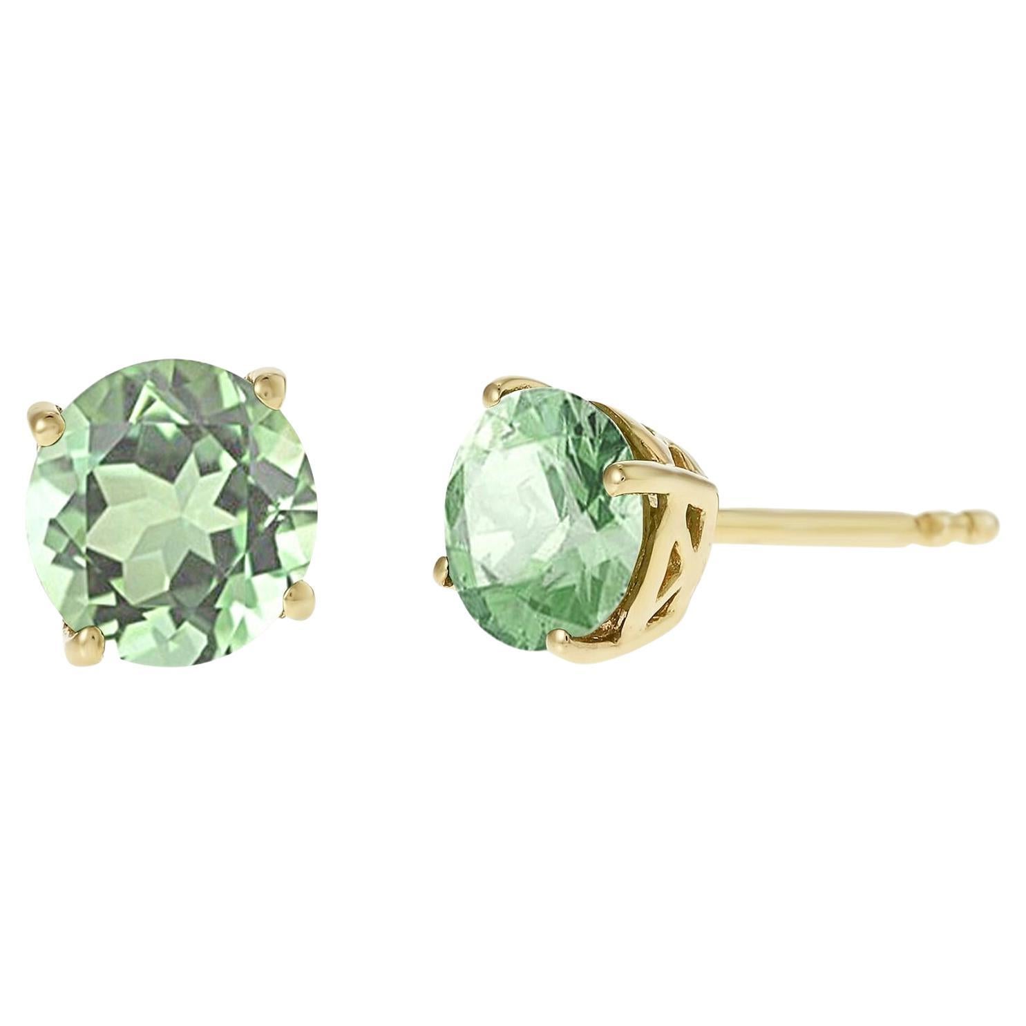 Green Quartz Four Prong Stud Earrings 14K Yellow Gold over .925 Sterling Silver