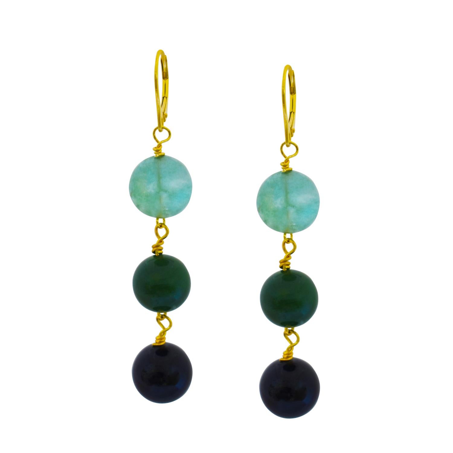 Modern Green Quartz, Green Agate and Black Onyx Yellow Gold Earrings For Sale