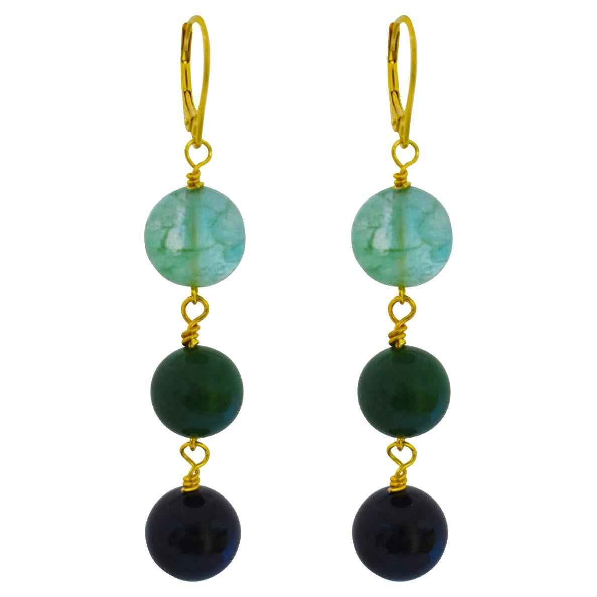 Green Quartz, Green Agate and Black Onyx Yellow Gold Earrings For Sale