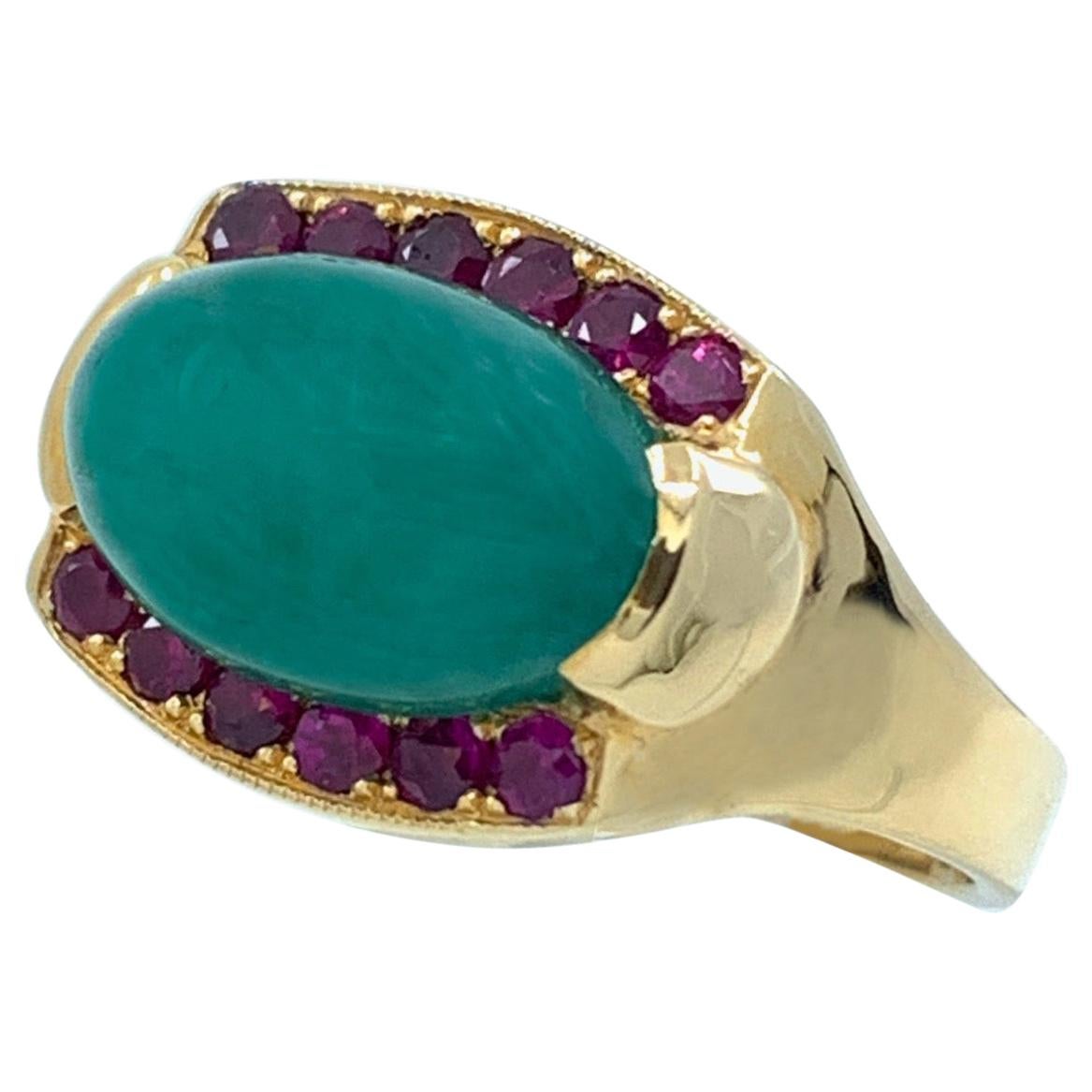 "Marquee" Ring with Partial Ruby Halo framing Green Quartz in 18 Karat Gold 