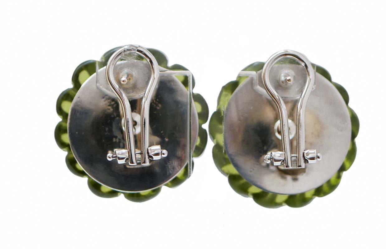 Retro Green Quartz, Peridots, Diamonds, 14 Kt White Gold Earrings. For Sale