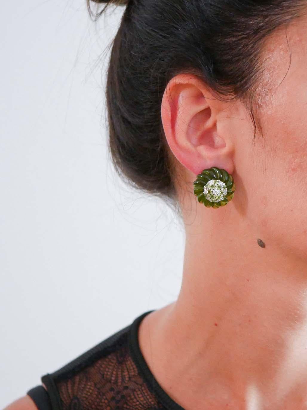 Mixed Cut Green Quartz, Peridots, Diamonds, 14 Kt White Gold Earrings. For Sale
