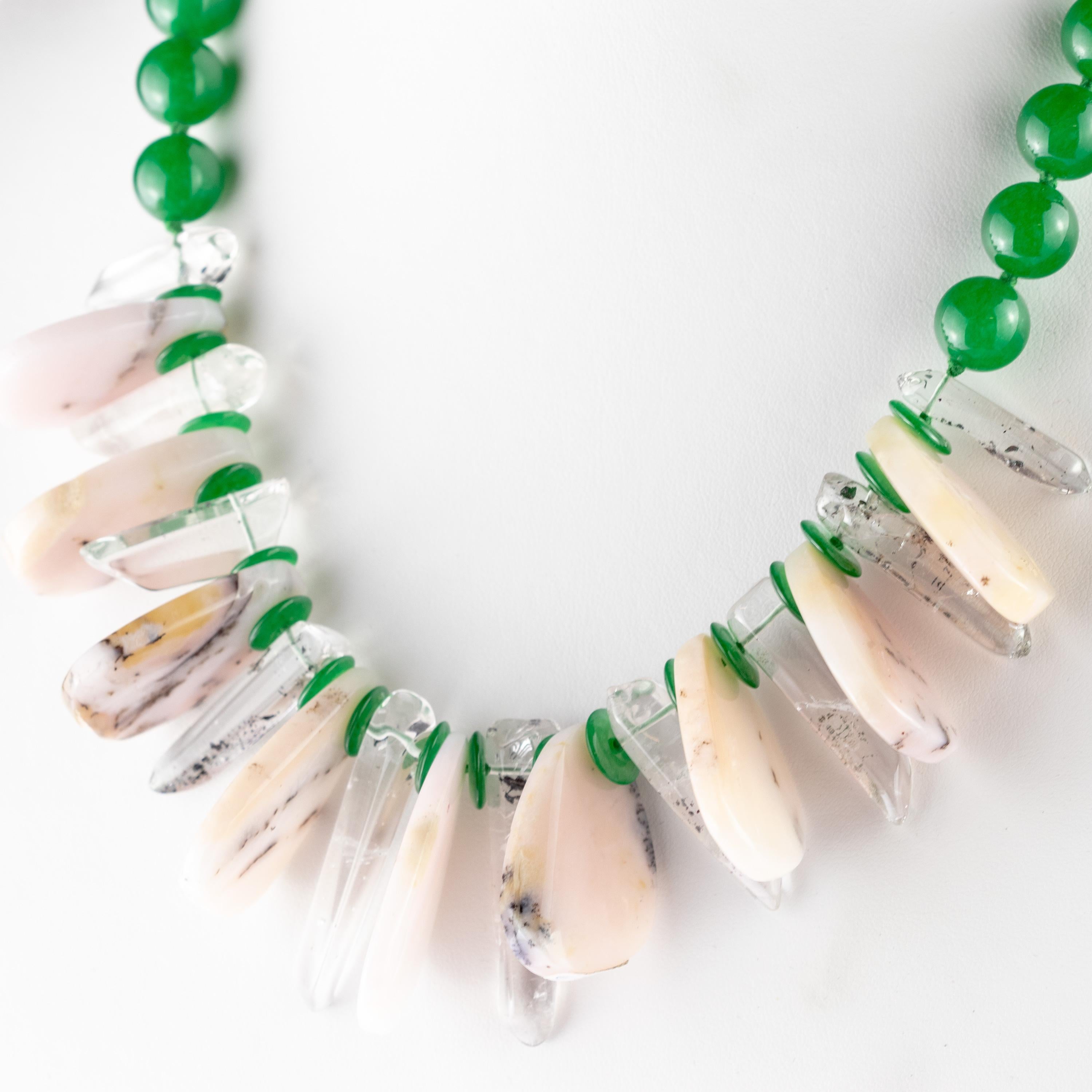 Donna Sfere di quarzo verde Opale Cristallo di rocca 925 Argento dorato Collana tribale di perline in vendita