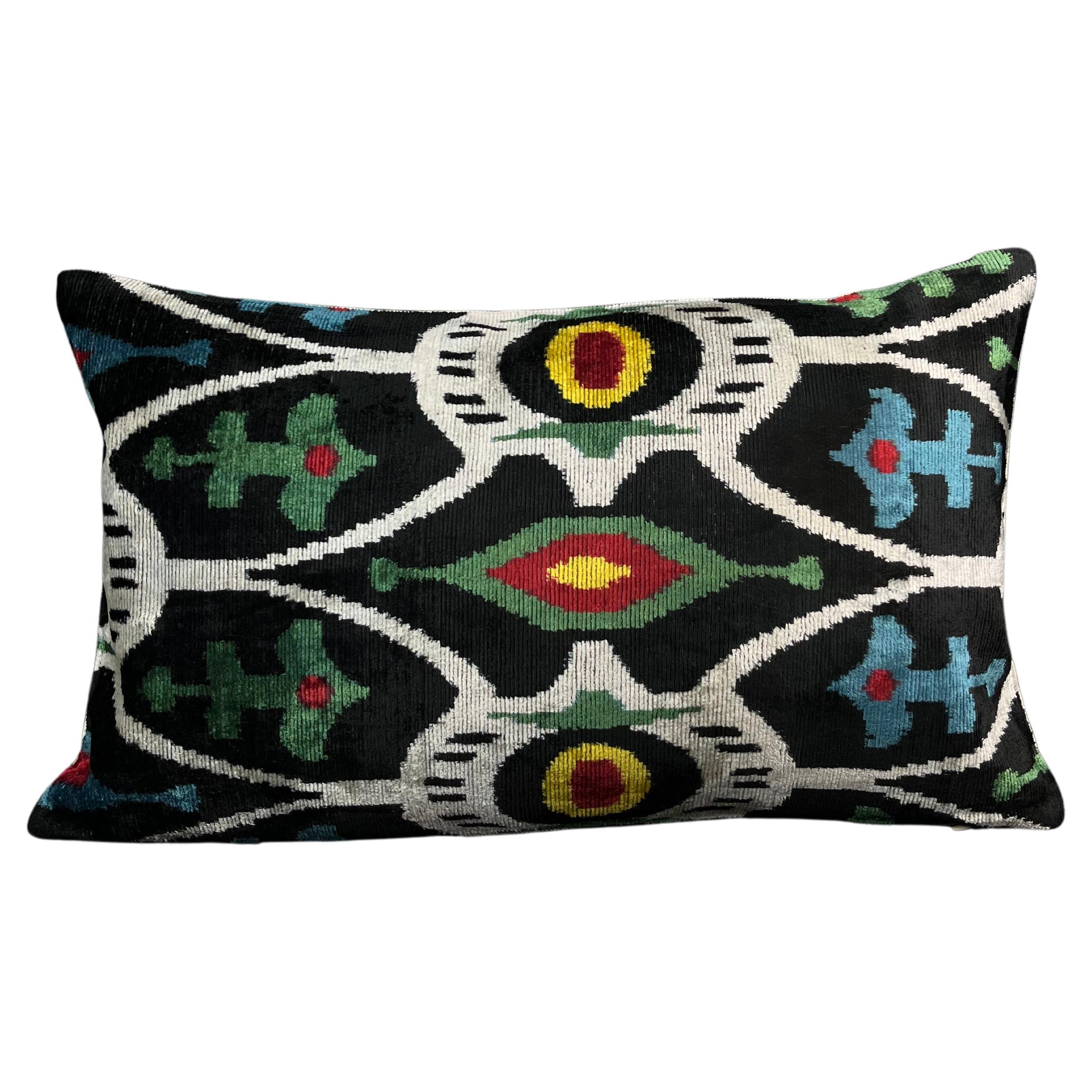 Green, Red, and Blue Small Velvet Silk Ikat Pillow Cover