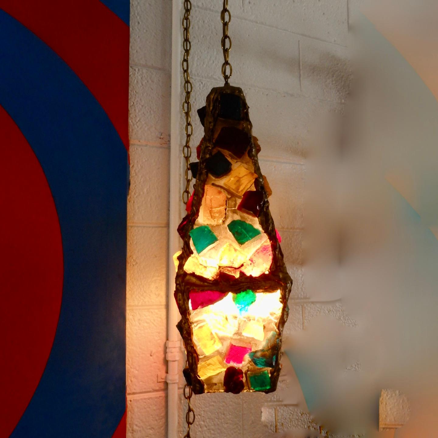 Resin Green Red Blue Plastic Chunk Brutalist Hanging Pendant Lamp For Sale