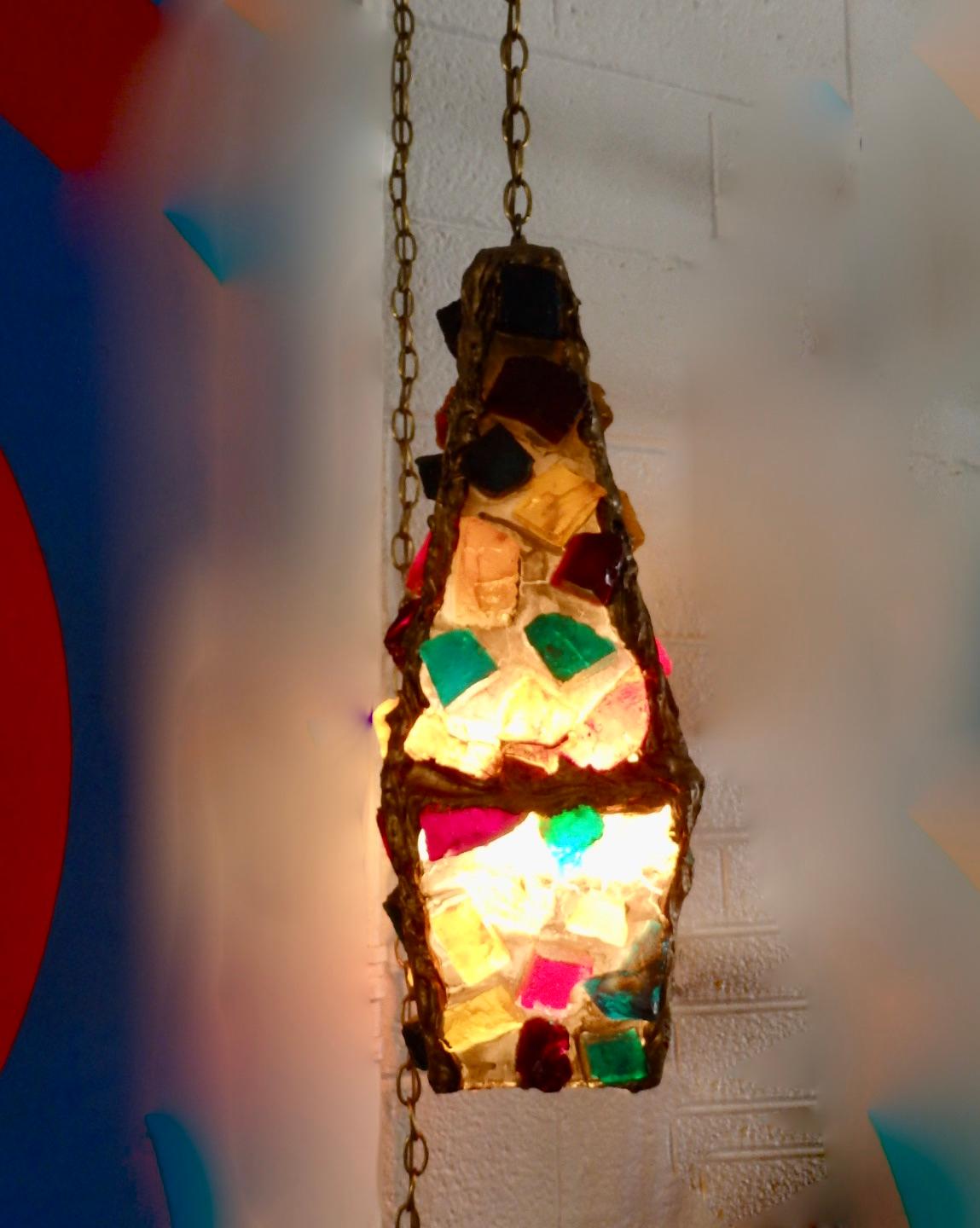 20th Century Green Red Blue Plastic Chunk Brutalist Hanging Pendant Lamp For Sale